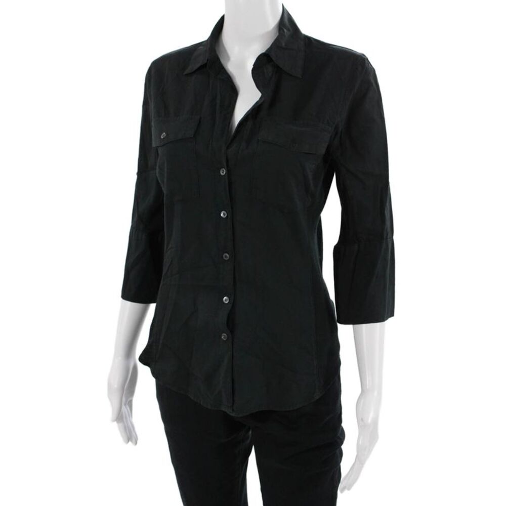 Standard James Perse Women Black Cotton Collared Button-Up 3/4 Sleeve Size 2 - Picture 2 of 6